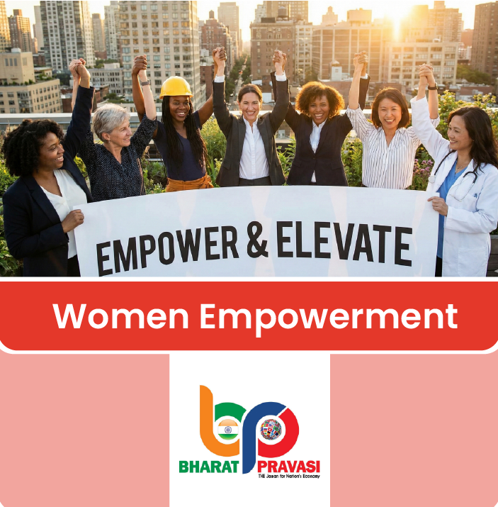 Women empowerment banner showing diverse women raising hands with “Empower & Elevate” message and Bharat Pravasi logo